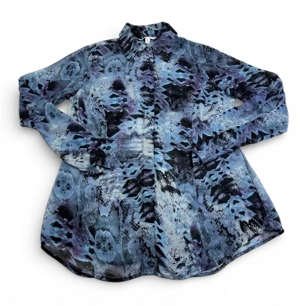 CAbi Snakeskin Print Button Front Tunic Blouse Artsy Boho Long Sleeve Top SMALL